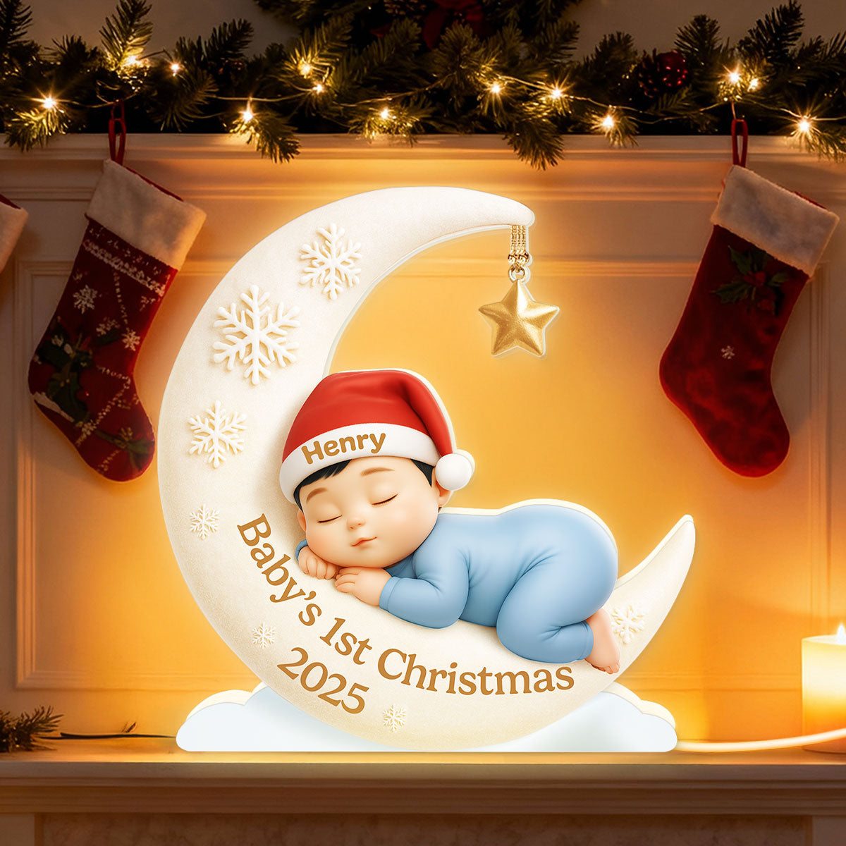 Baby Sleeping on Moon Nursery Lamp - Personalized Light Box - Baby's First Christmas Keepsake, Gift for Grandkids, Baby, Newborn