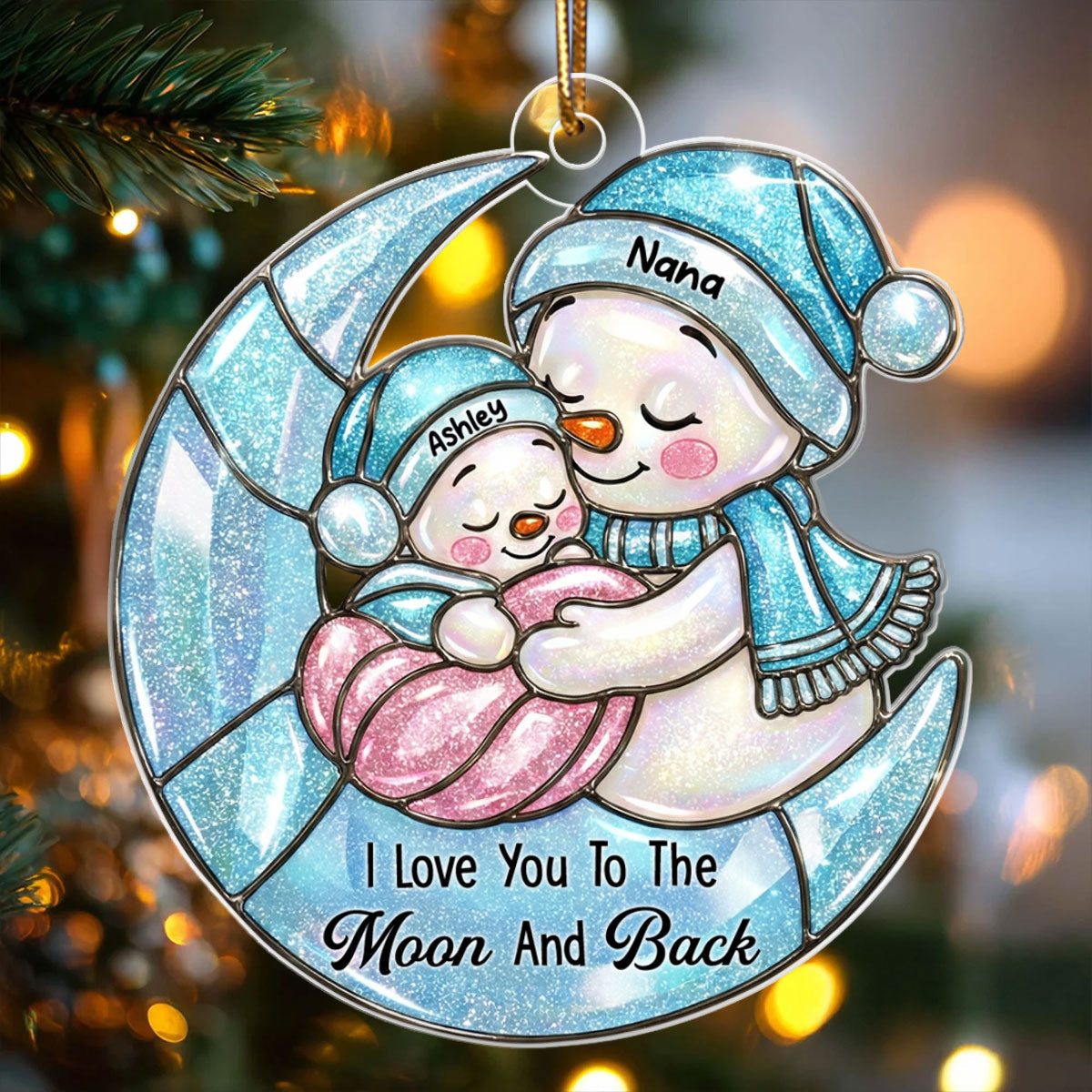 Grandma And Grandkid Moon Stained Glass Pattern - Personalized Acrylic Ornament - Heartwarming Christmas Gift For Grandma, Granddaughter, Grandson