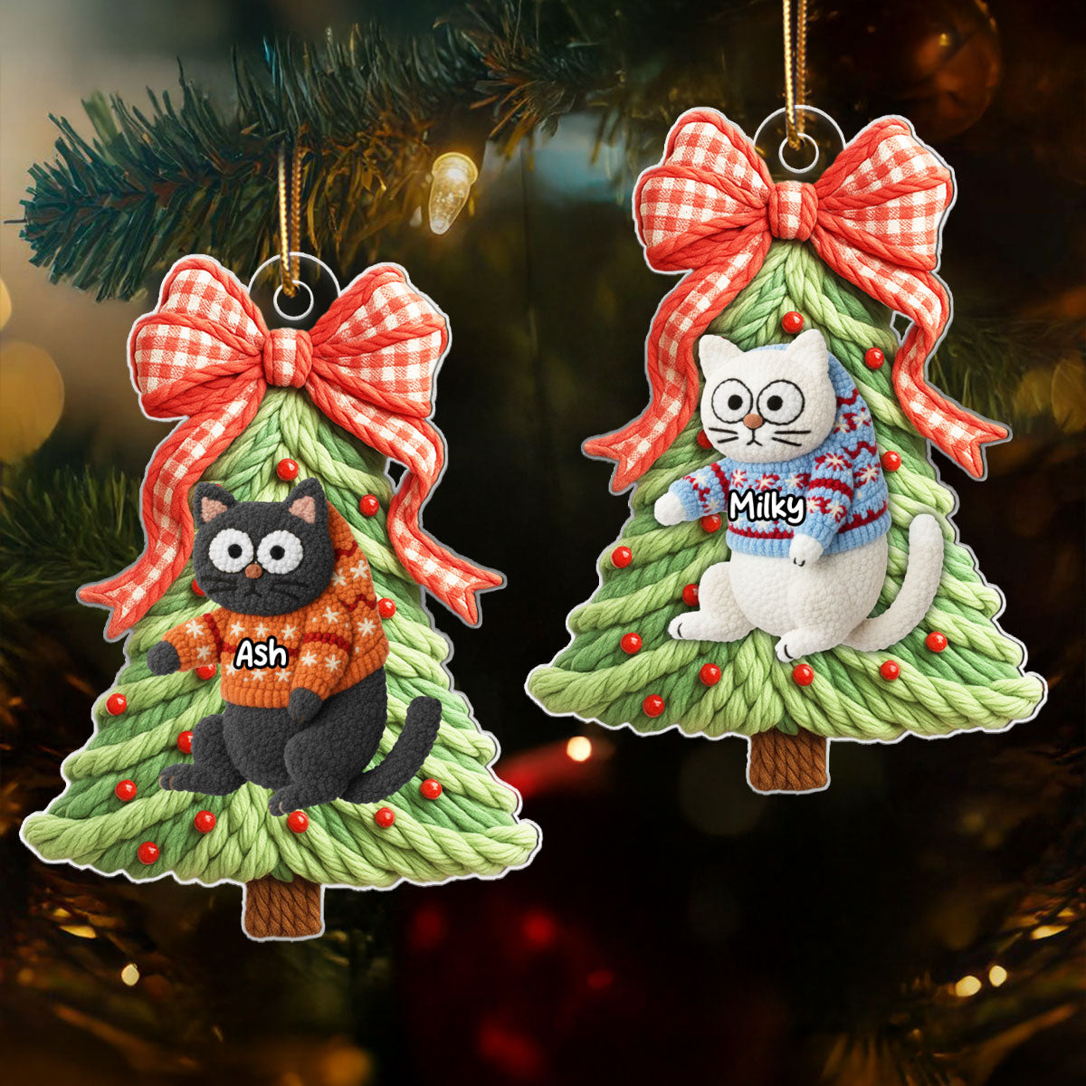 Cat Hanging on Christmas Tree Latch Hook Yarn Faux - Personalized Acrylic Ornament - Christmas Gift for Cat Lovers