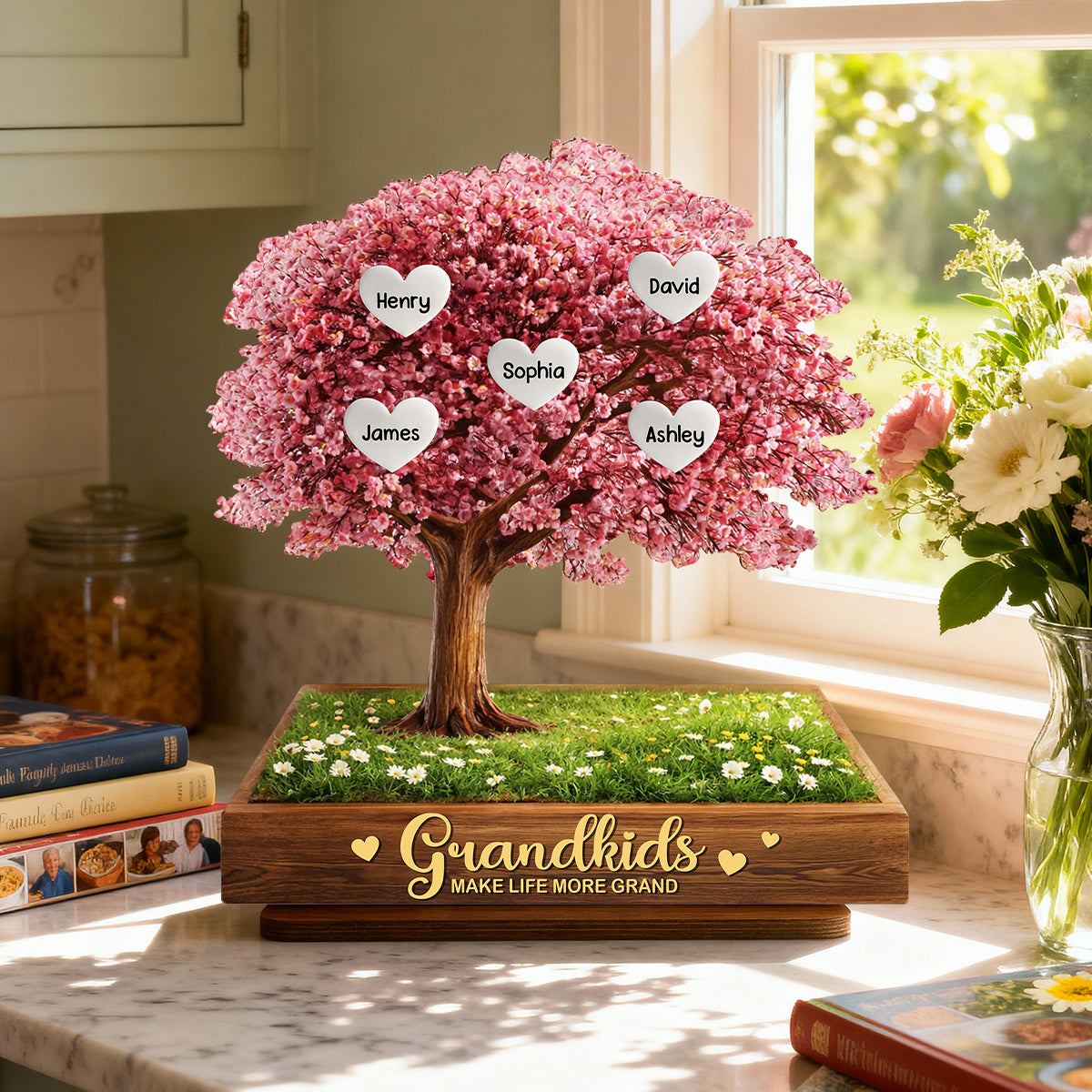 Grandkids Make Life More Grand Family Heart Tree - Personalized 2-Layered Wooden Plaque - Heartfelt Gift for Grandma