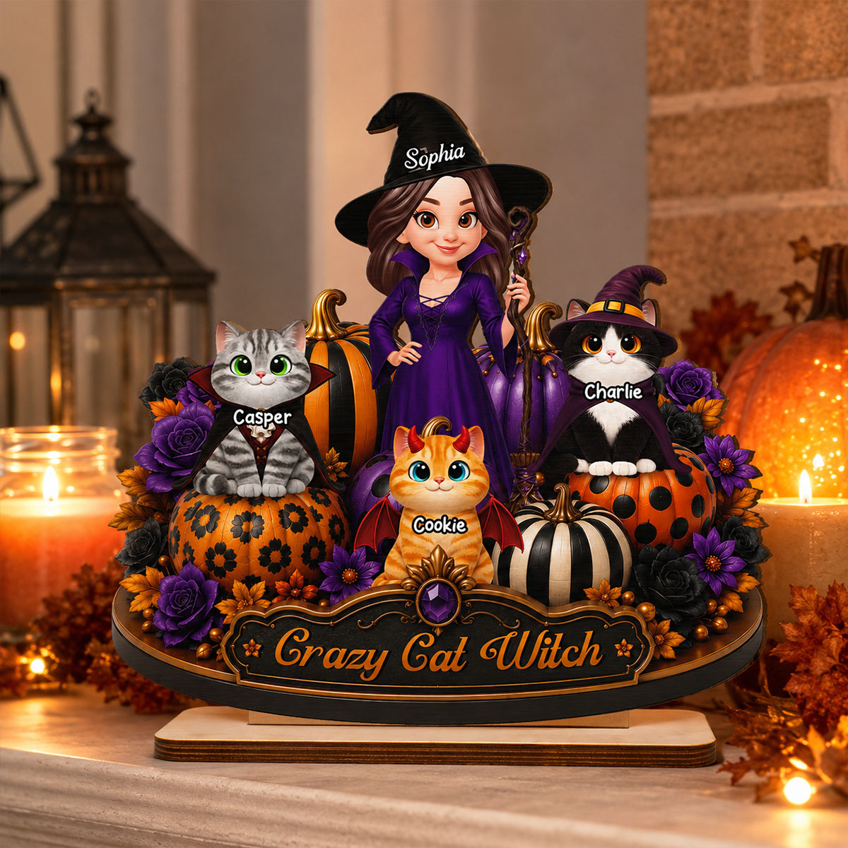 Crazy Cat Witch 2D Flat - Personalized Wooden Plaque - Halloween Decoration.