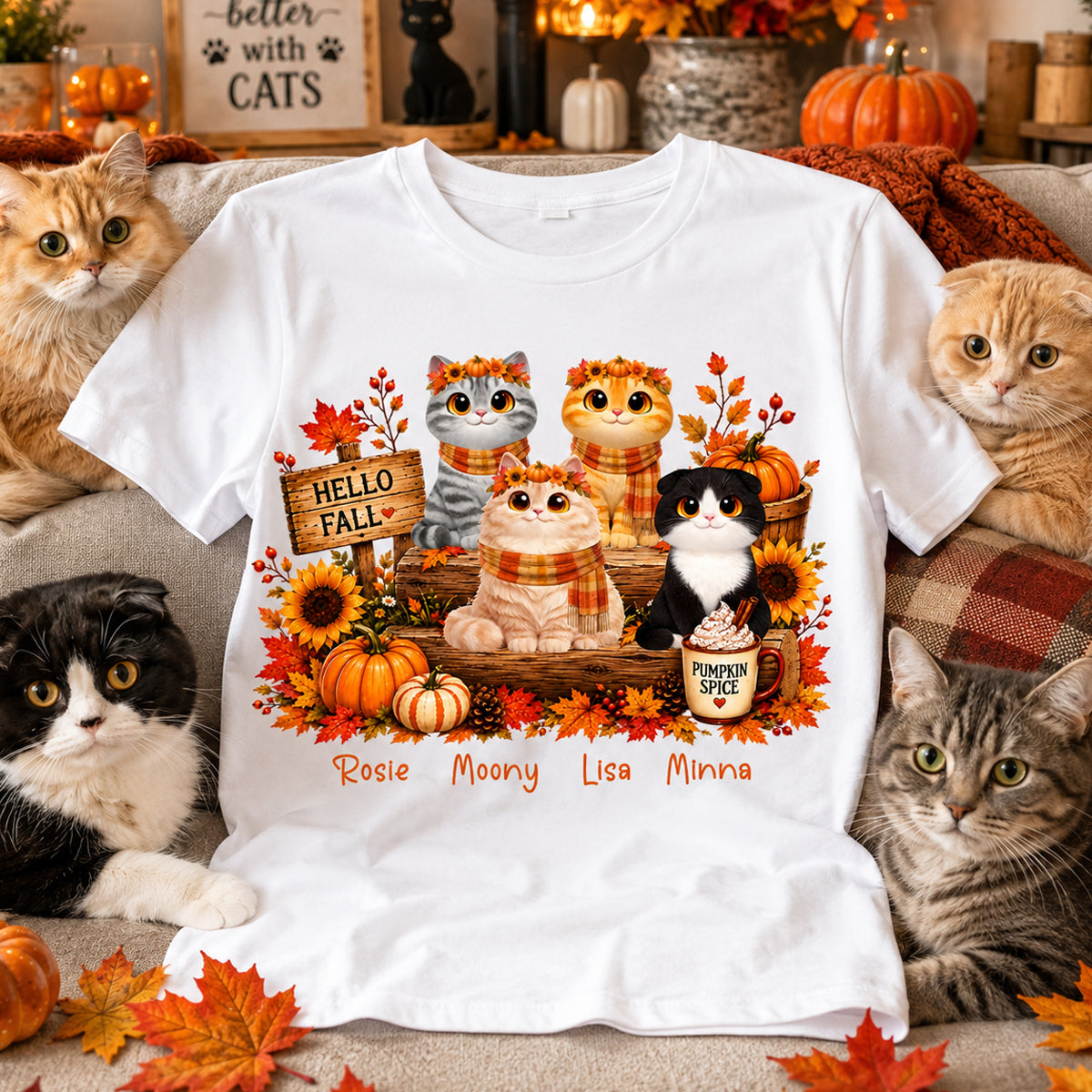 Fall Season Cats Sitting - Personalized Shirt - Trendy Fall Tee for Cat Moms, Cat Lovers