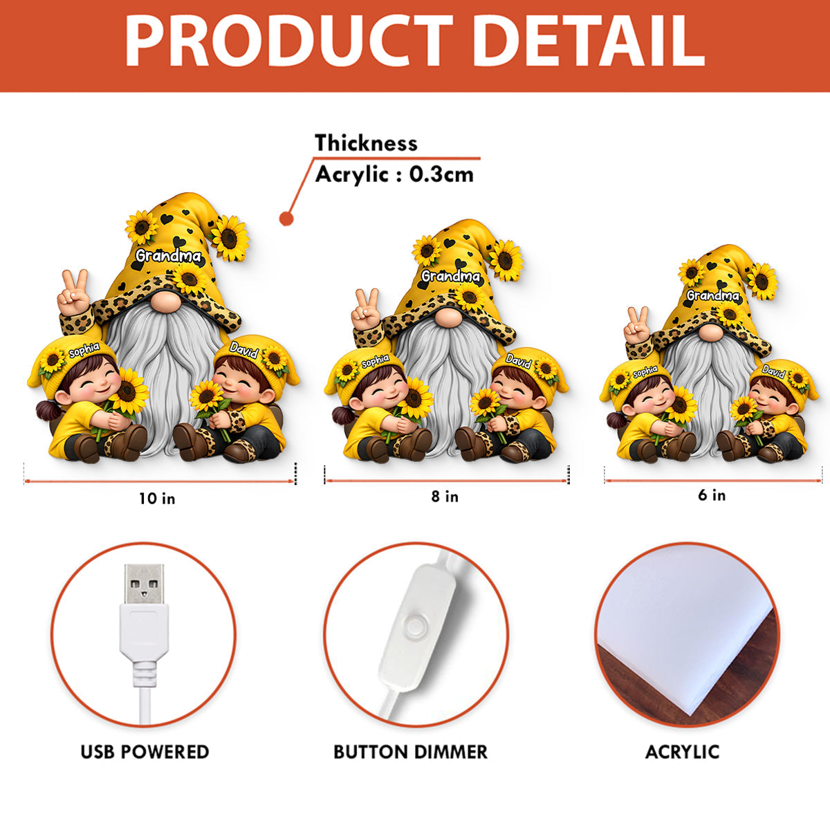 Gnome Grandma & Grandkids Sunflower - Personalized Light Box - Sentimental Gift for Grandma