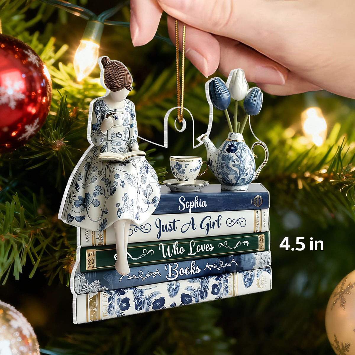 3D Effect Timeless Vintage Toile De Jouy Chinoiserie Pattern Girl Woman Reading Book - Personalized Acrylic Ornament - Gift For Book Lovers