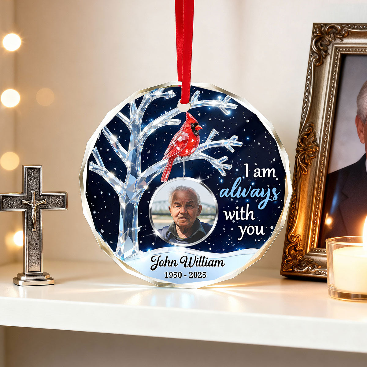 3D Crystal Effect Memorial Winter Tree Cardinals Upload Photo - Personalized Glass Ornament - Remembrance Gift, Sympathy Gift