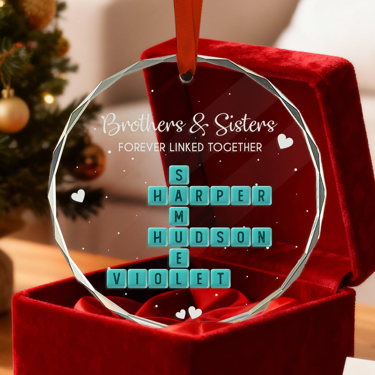 Brothers Sisters Siblings Forever Linked Together Crossword Puzzle Art Personalized Glass Ornament