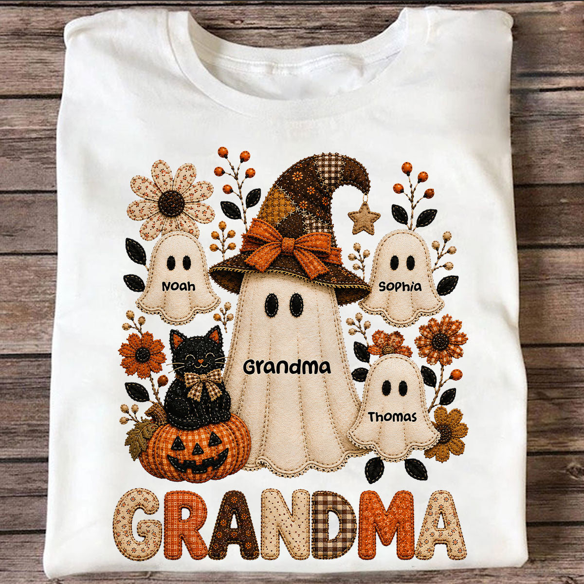 Cute Grandma Boo Witch Fall Season Halloween Faux Patchwork Pattern Coquette - Personalized Shirt - Halloween Gift For Grandma