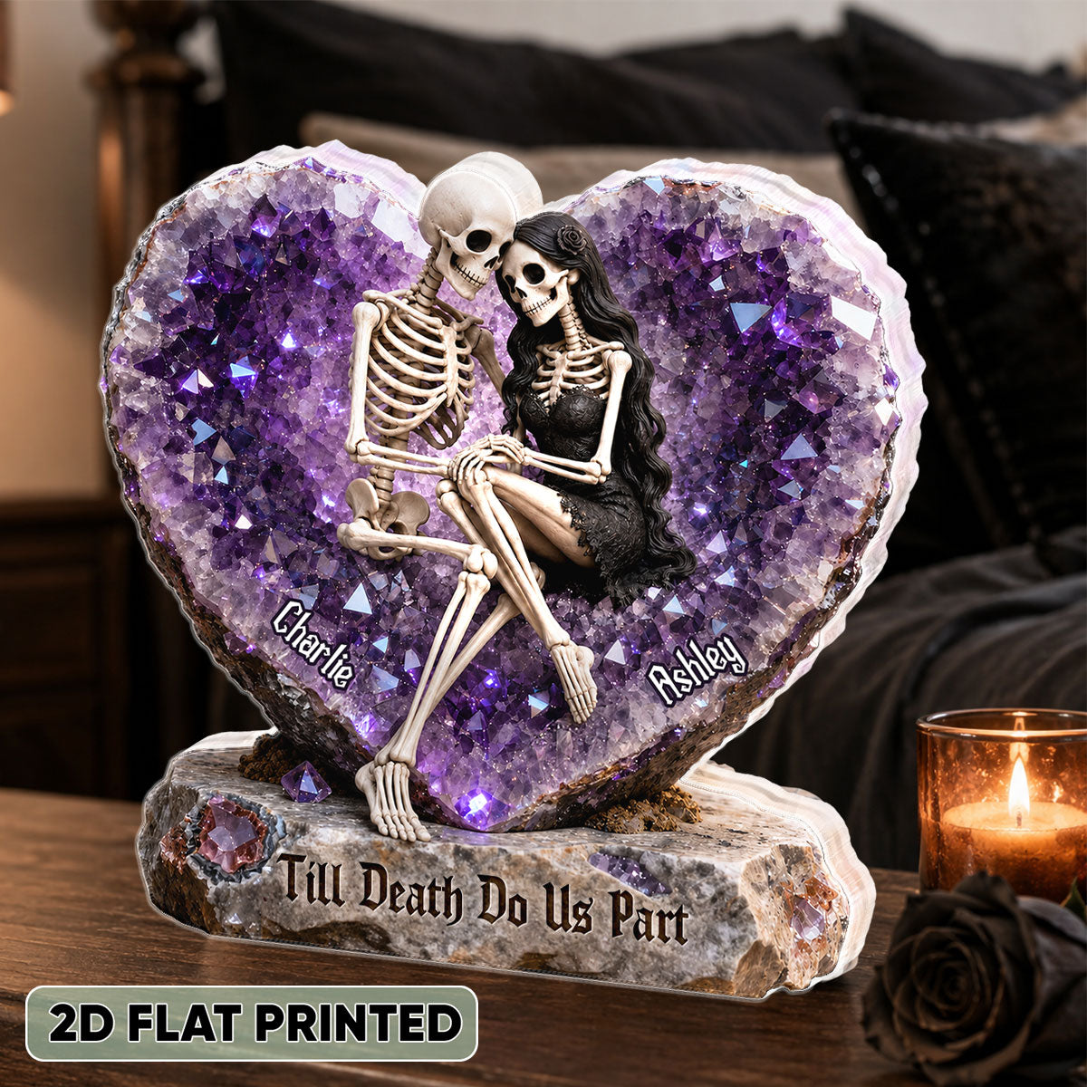 Till Death Do Us Part Skeleton Couple Quartz Heart - Personalized Acrylic Block Plaque - Halloween Decor Gift, Gift For Couple