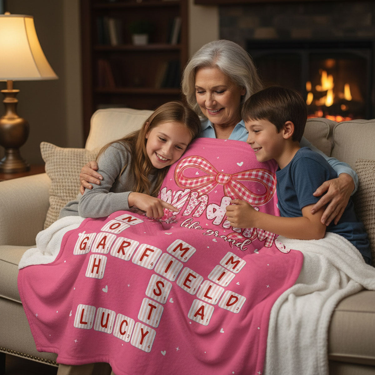 Grandkids Make Life Grand Preppy Valentine Pattern Crossword Puzzle Art - Personalized Fleece Blanket - Valentine's Day Gift For Grandma