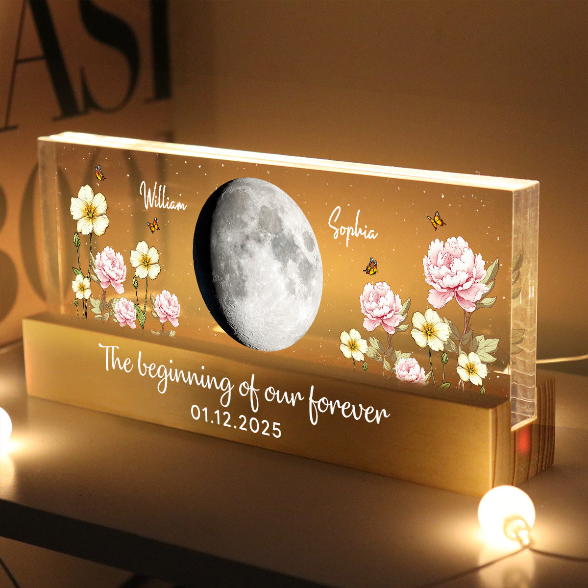 Custom Couple Birth Month Flowers Our Moon Custom Moon Phase Art - Personalized Acrylic Block Plaque LED Night Light - Gift For Couple