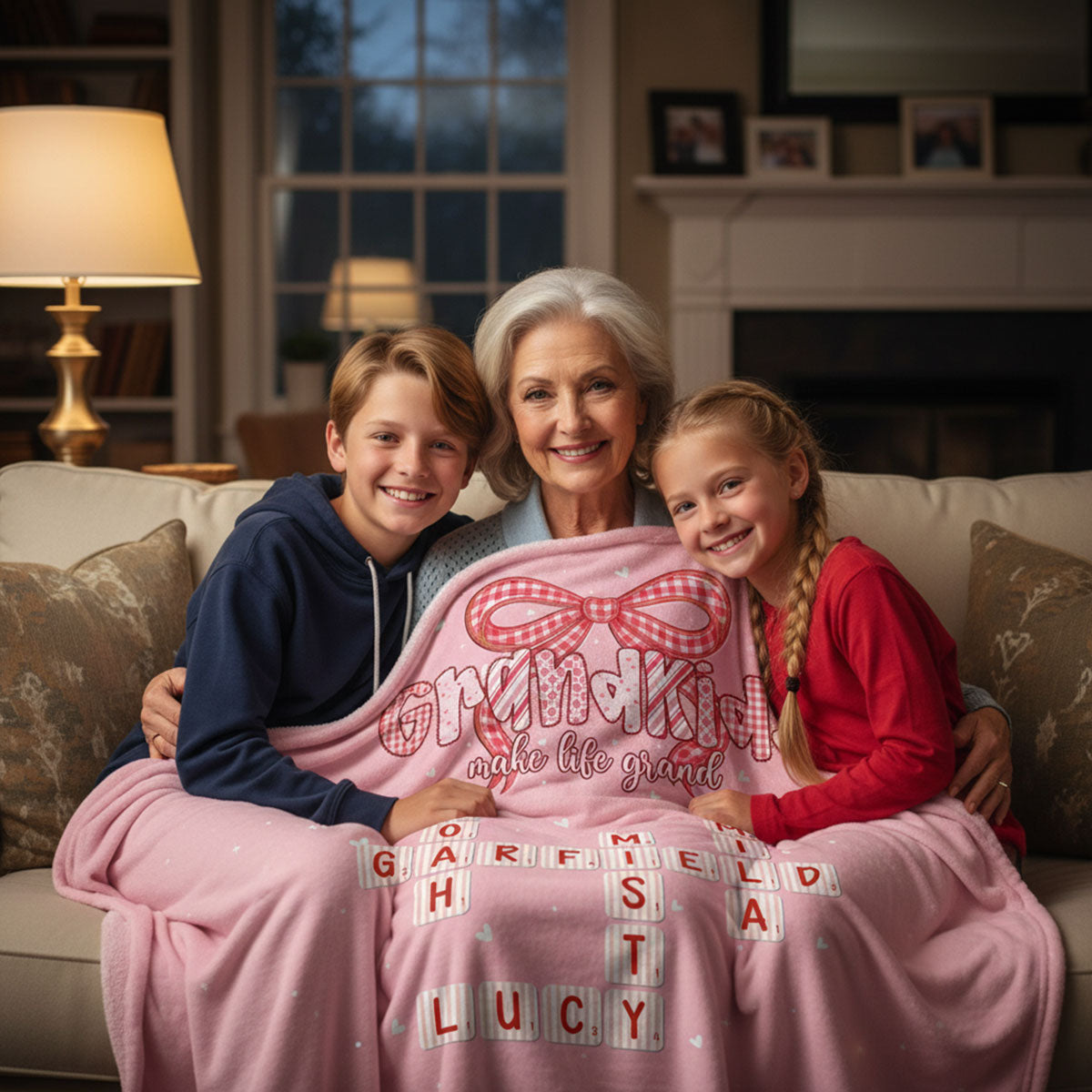 Grandkids Make Life Grand Preppy Valentine Pattern Crossword Puzzle Art - Personalized Fleece Blanket - Valentine's Day Gift For Grandma