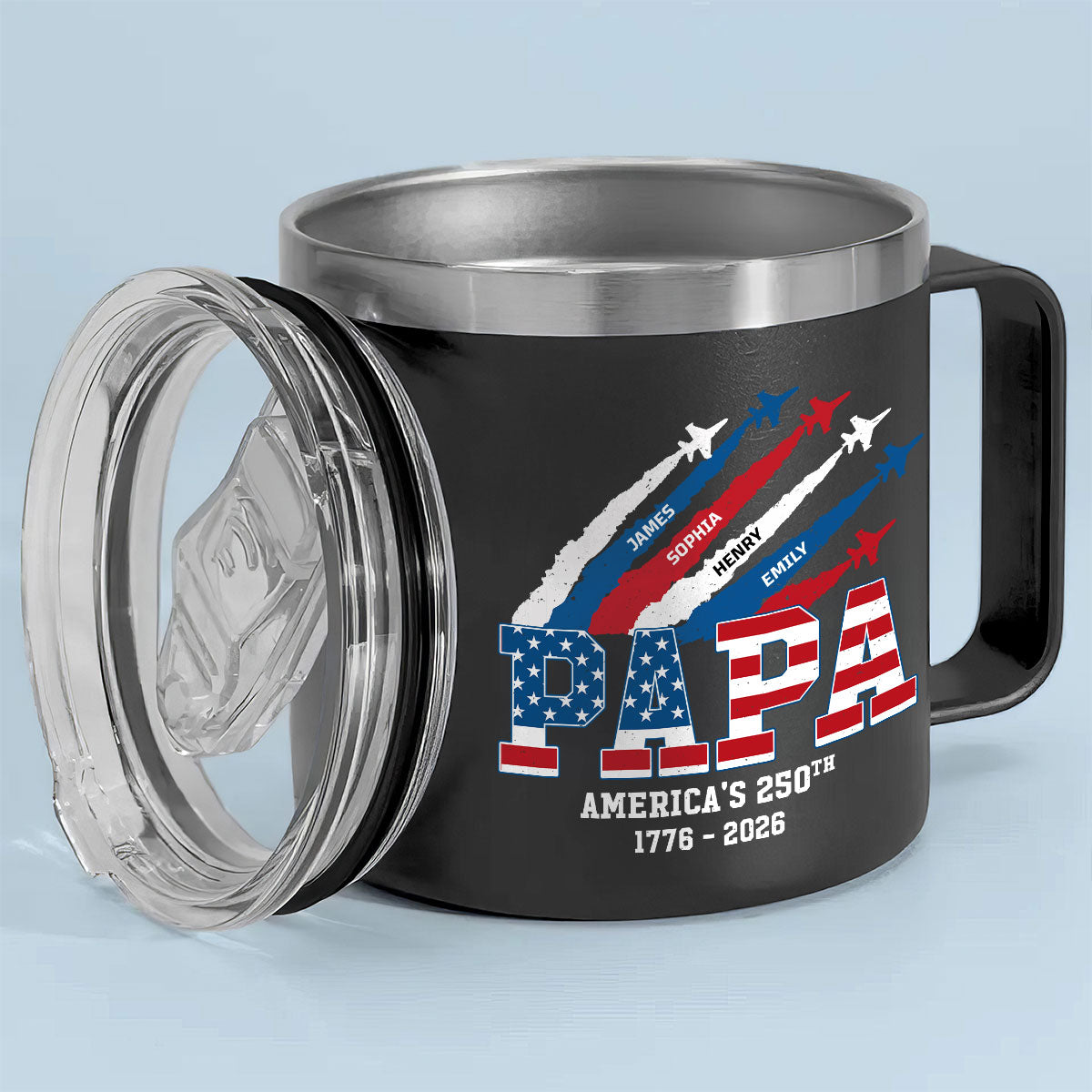 Proud Dad Grandpa Nation Flag American 250th Anniversary - Personalized Tumbler With Handle - Father's Day Gift For Patriotic Dad, Grandpa