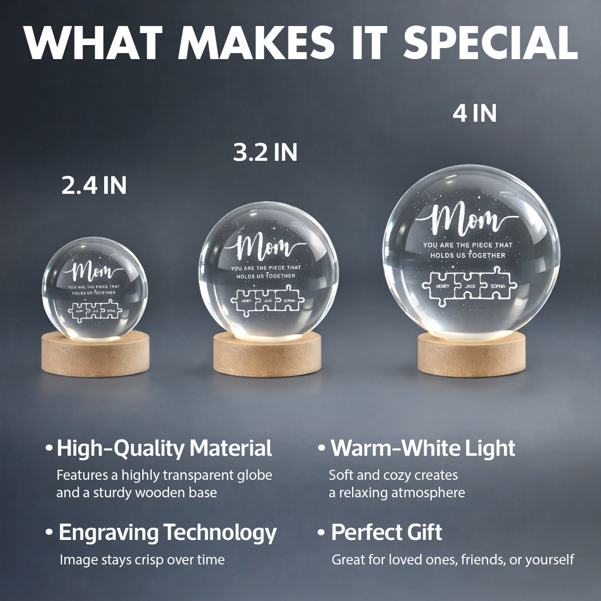 Mom You Are The Piece That Holds Us Together - Personalized Crystal Ball LED Night Light - Heartfelt Gift For Mom, Grandma