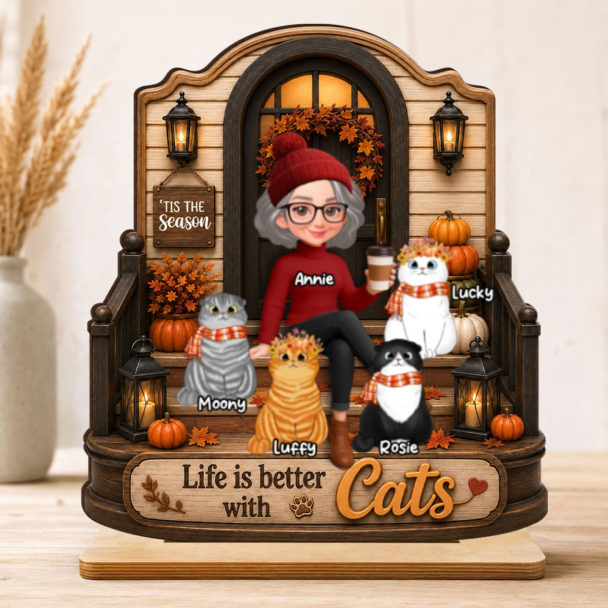 Life is Better with Cats - Personalized 2-Layered Wooden Plaque - Fall Decor for Cat Moms