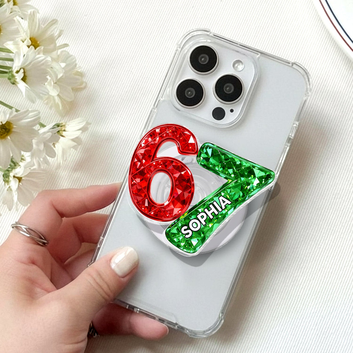 Custom Six Seven 3D Crystal Effect - Personalized Acrylic Magnetic Phone Grip - Teen Slang Funny Tree Decor, Funny Teen Grandkid Gift