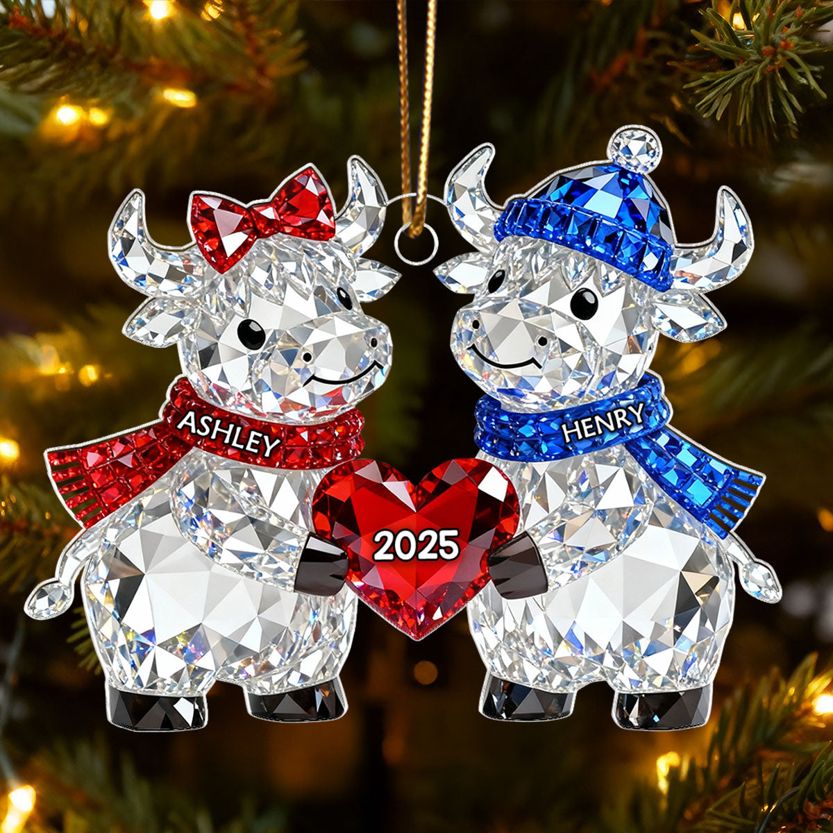 3D Crystal Effect Christmas Highland Cow Couple - Personalized Acrylic Ornament - Heartwarming Christmas Gift for Couple