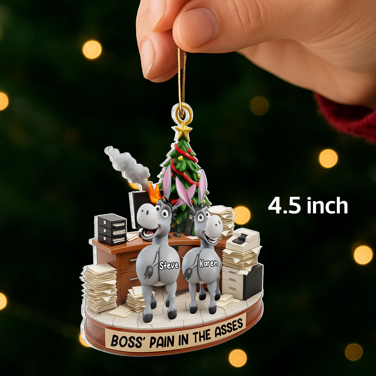 Funny Boss Christmas Pain in the Asses, Donkey Office Decoration - Personalized Acrylic Ornament - Custom Employee Gift Exchange, White Elephant Gift