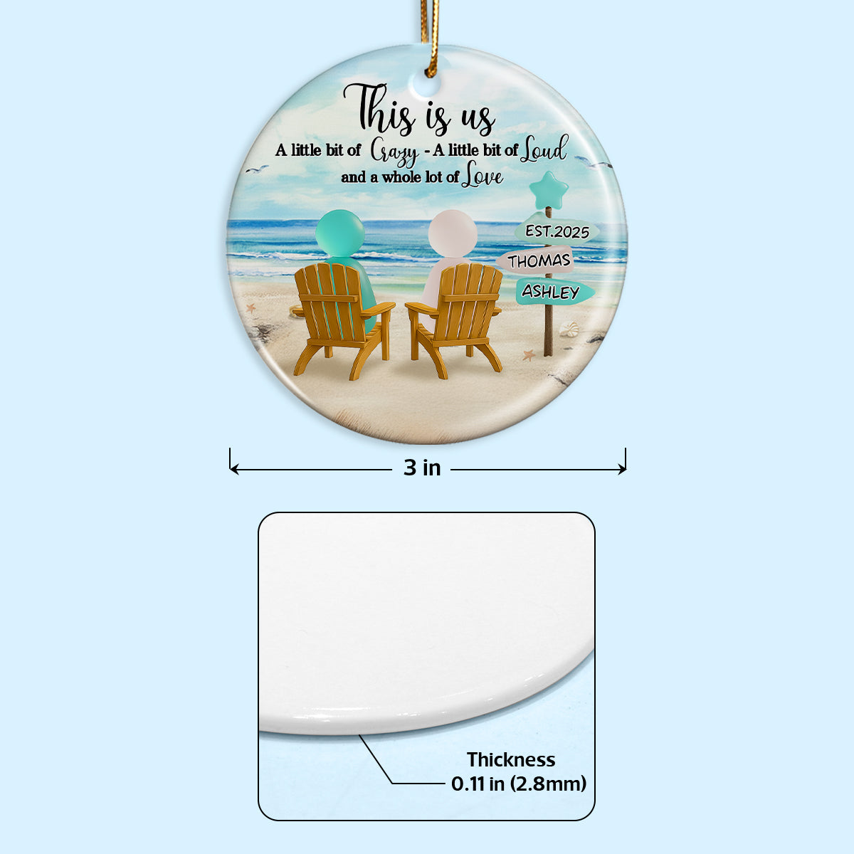 3D Effect Sea Glass Couple Romantic Beach Landscape Sign Posts - Personalized Ceramic Ornament - Heartfelt Christmas Gift For Couple