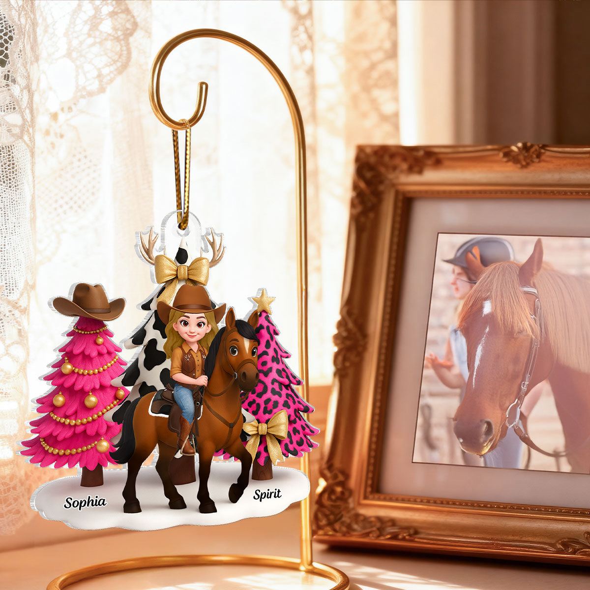 3D Effect Western Pink Christmas Tree Cowgirl And Horse - Personalized Acrylic Ornament