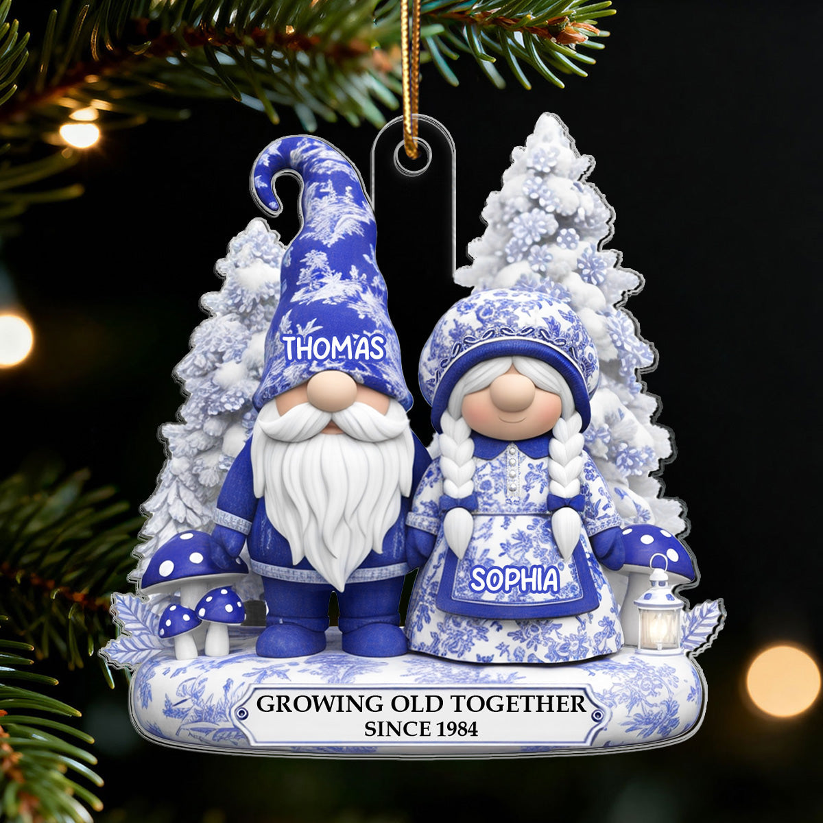 3D Effect Standing Gnome Couple Toile De Jouy Pattern - Personalized Acrylic Ornament