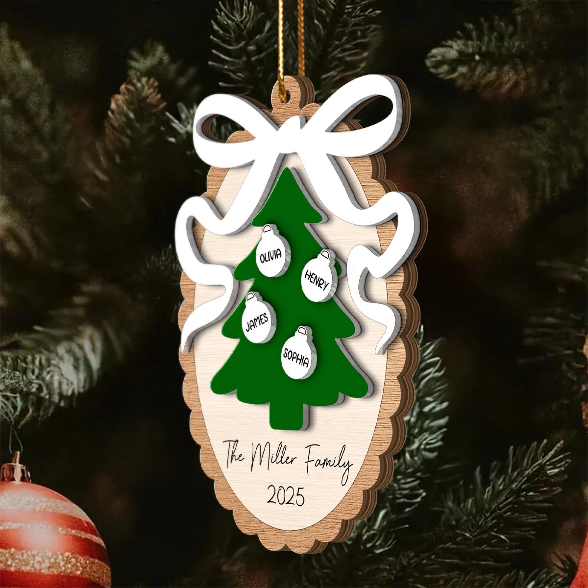 Family Christmas Tree Scalloped Bow - Personalized Spinning Charm Ornament
