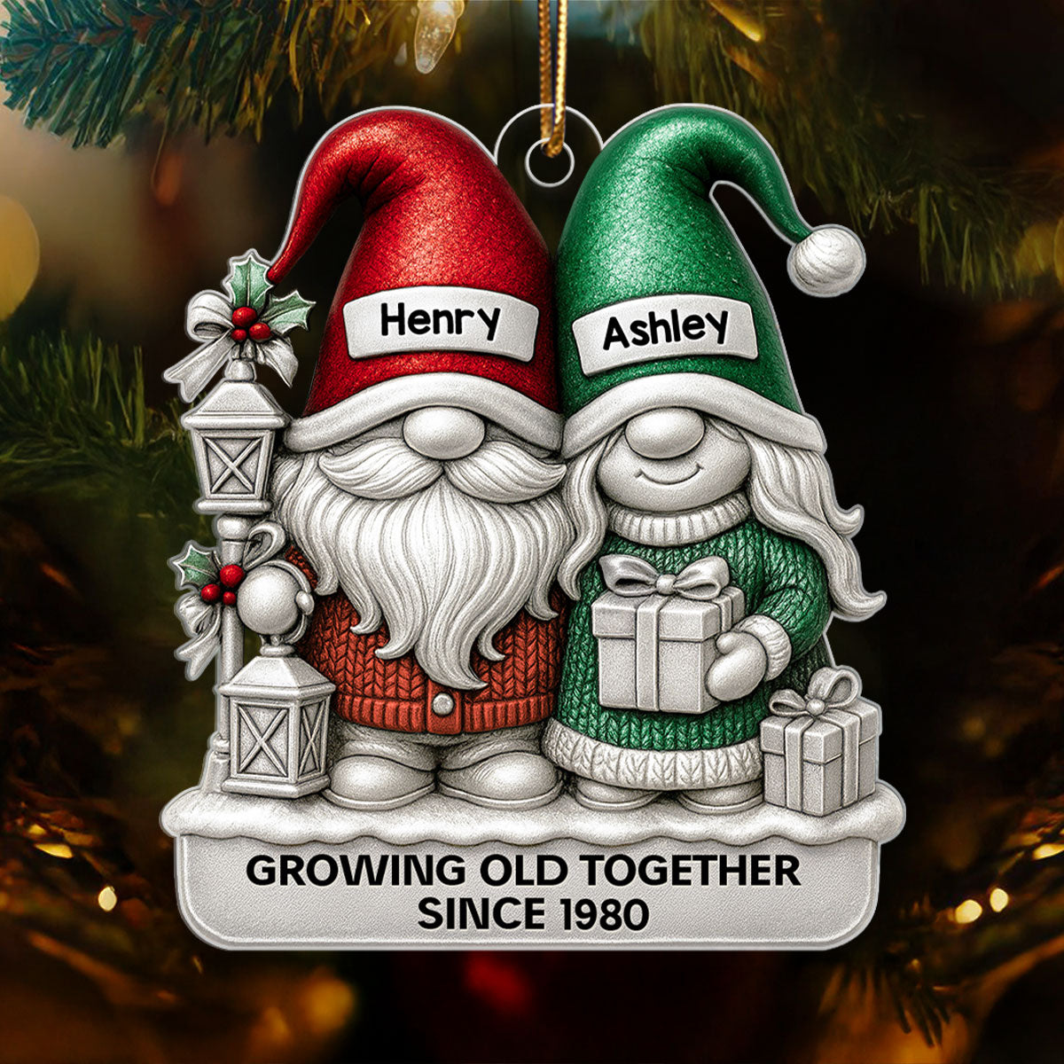 Gnome Couple 3D Metallic Effect - Personalized Acrylic Ornament - Christmas Gift for Couple