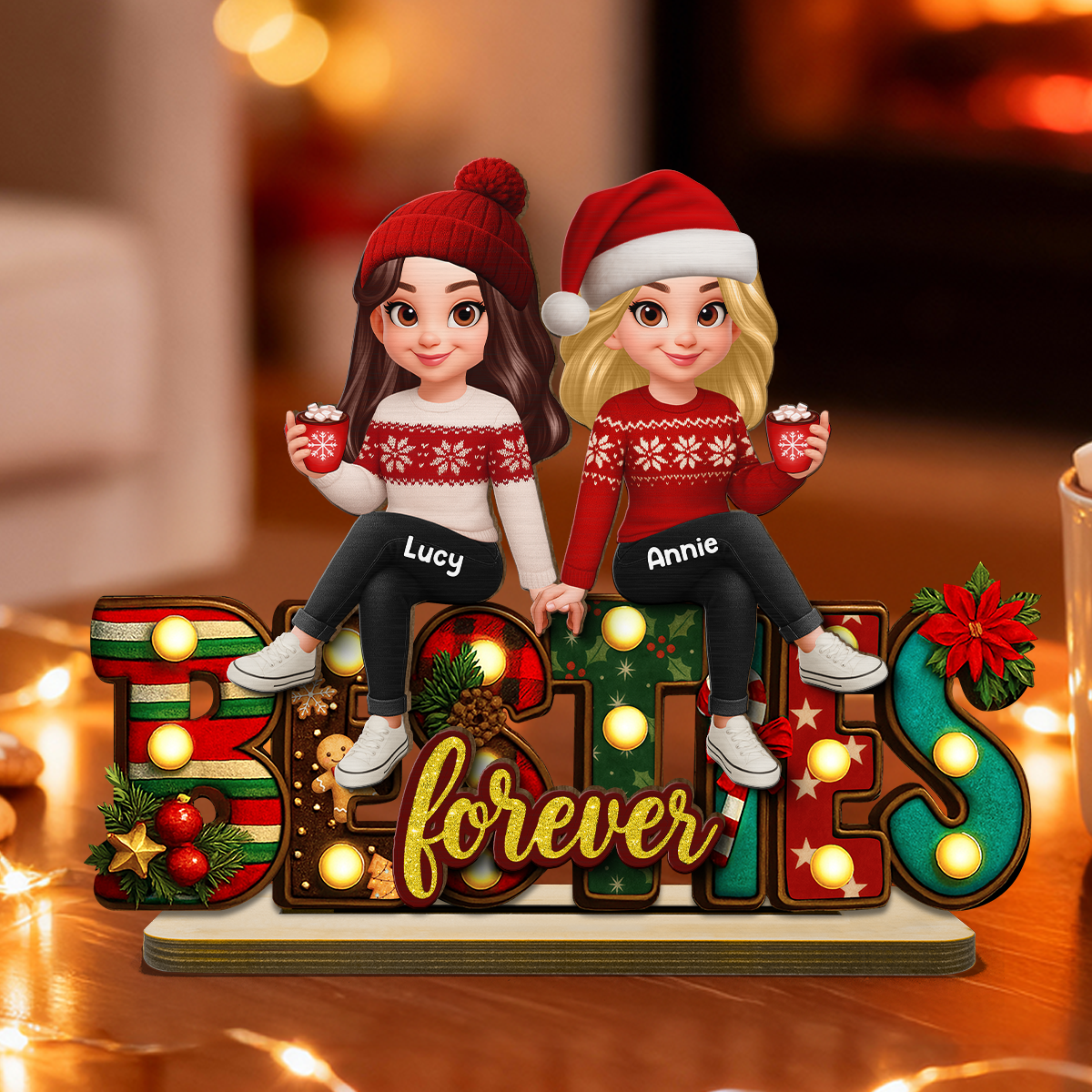 Festive Christmas Besties Together Christmas - Personalized 2-Layered Wooden Plaque