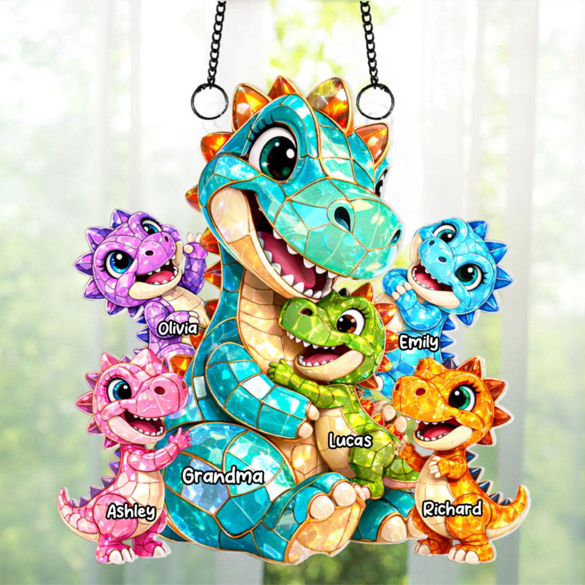 Dinosaur Grandma Grandkids - Personalized Suncatcher - Heartfelt Mother's Day Gift for Grandma, Mom, Wife