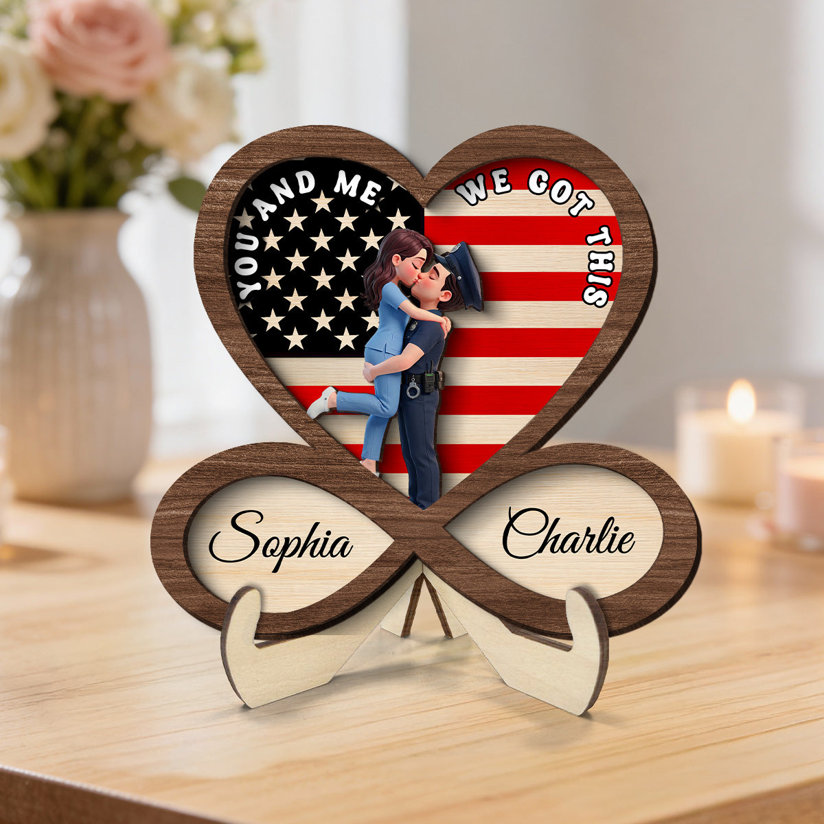 Proud Hero Couple Infinity Nation Flag Heart - Personalized 2-Layered Wooden Plaque - Valentine's Day Gift For Couple, For Him, For Her, Nurse, Police, Firefighter, Army