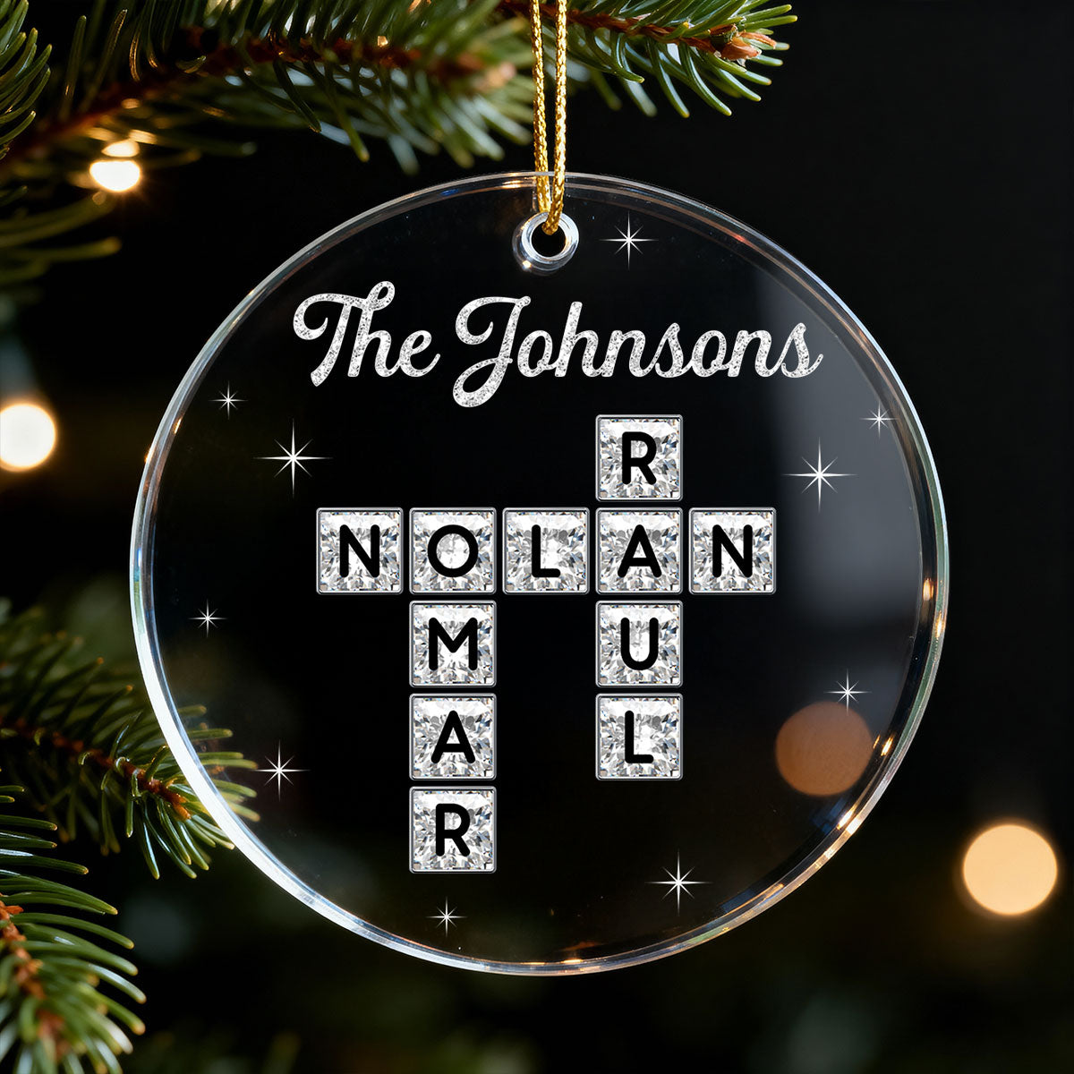 3D Shining Effect The Family Crossword Puzzle Art - Personalized Acrylic Ornament - Christmas Gift For Family, Matching Ornaments For Family