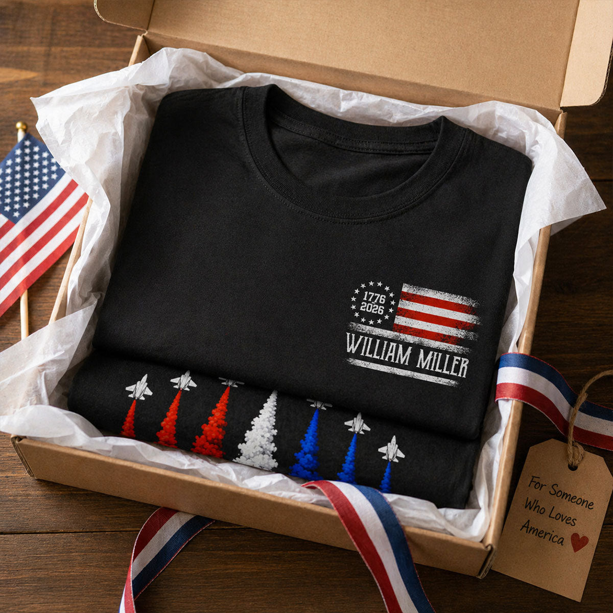 250 Years American Flag Red White Blue Jet Smoke Custom Name - Personalized Shirt - United States 250th Anniversary USA Patriotic