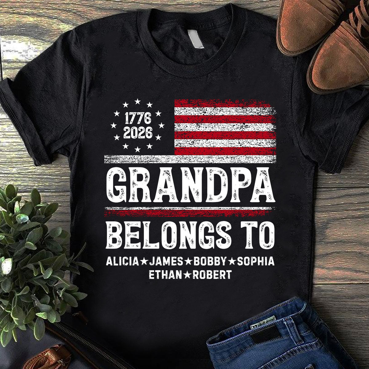 Proud American Grandpa Custom Kids Names Nation Flag American 250th Anniversary - Personalized Shirt - Father's Day Gift For Dad, Grandpa