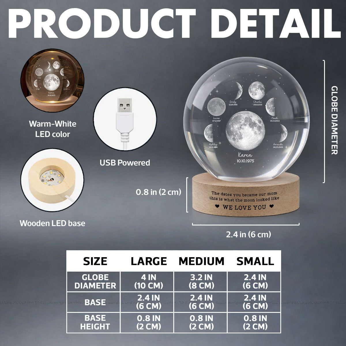 The Date You Became Our Mom - Personalized Crystal Ball LED Night Light - Custom Moon Phase by Date, Mother's Day Gift for Mom, Wife