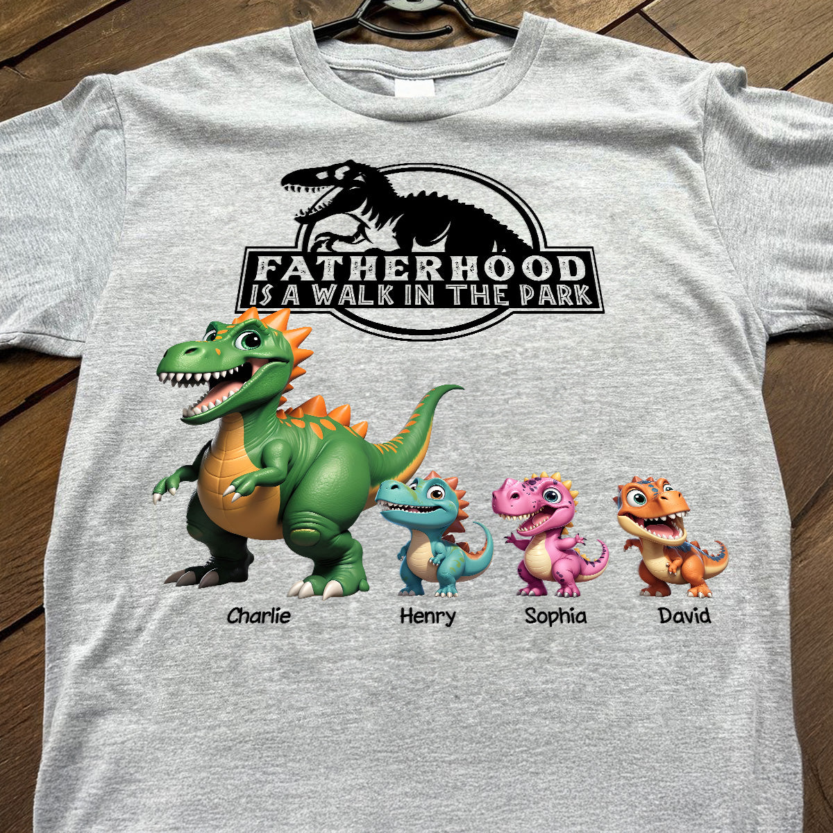 Fatherhood Is A Walk In The Park Custom Cartoon Dinosaurs - Personalized Shirt - Father's Day Gift For Husband, Dad