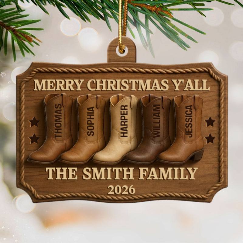 3D Effect Christmas Family Cowboy Boots Merry Christmas Y'all - Personalized Wooden Ornament - Gift For Family