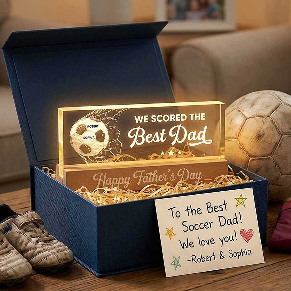 We Scored The Best Dad Mom - Personalized Acrylic Block LED Night Light - Father's Day Gift For Soccer Dad
