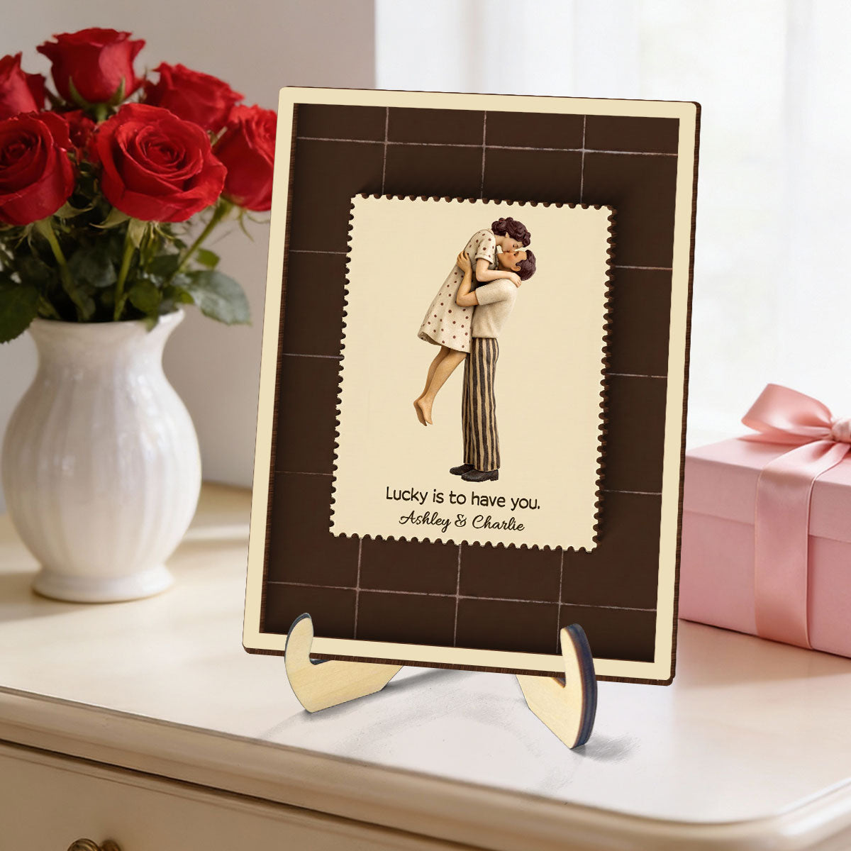 Lucky Is To Have You Mid-Century Couple - Personalized 2-Layered Wooden Plaque - Anniversary, Valentine's Day Gift, Gift For Him, Gift For Her