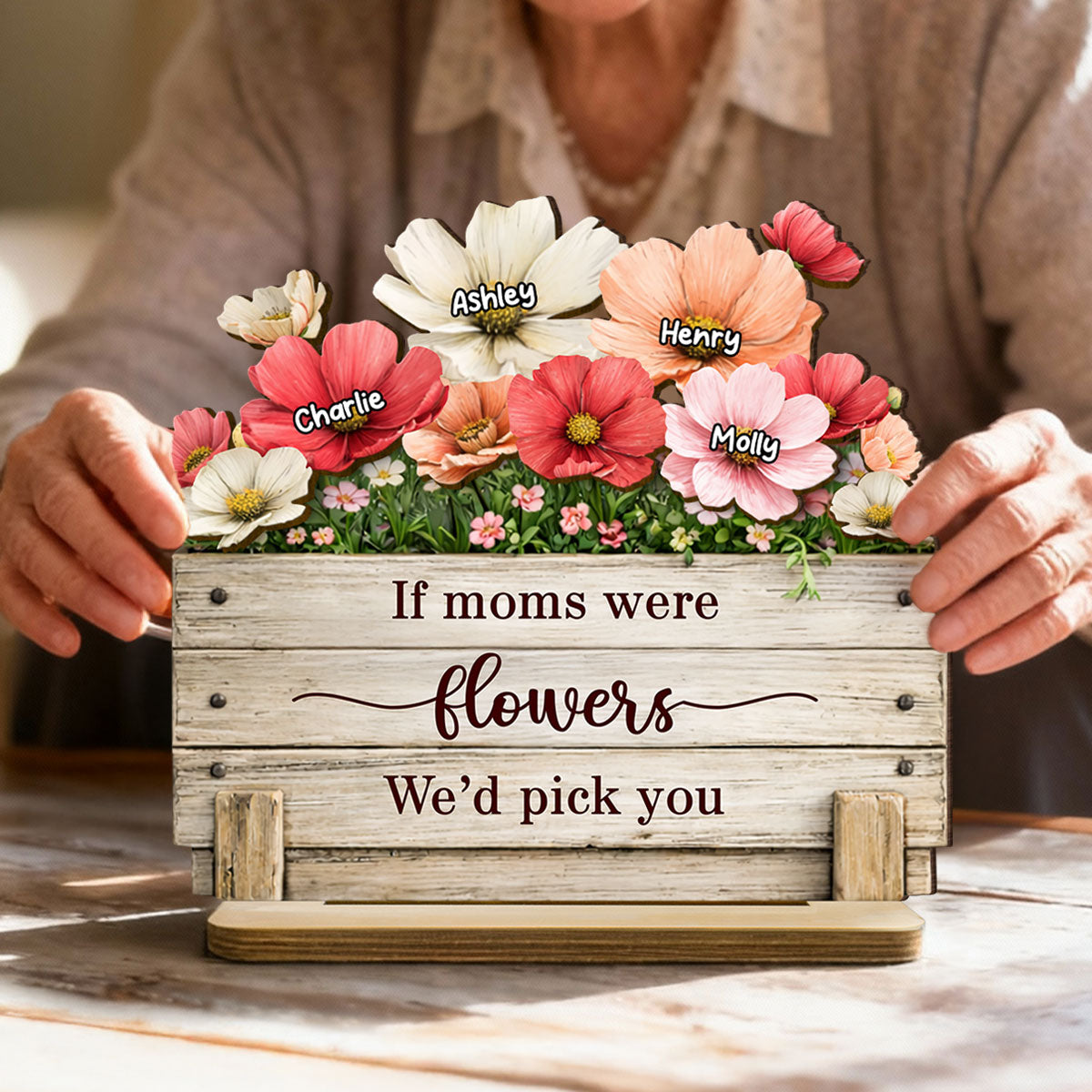If Moms Were Flowers We'd Pick You - Personalized 2-Layered Wooden Plaque - Heartfelt Mother's Day Gift for Mom, Wife