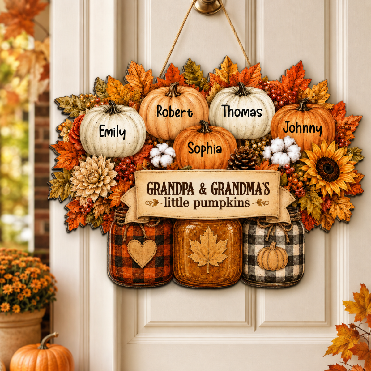 Cozy Warm Fall Season Mason Jars Pumpkins Welcome To Grandma Grandpa House - Personalized Wood Sign - Fall Decor For Grandparents (Up to 20 Grandkids)