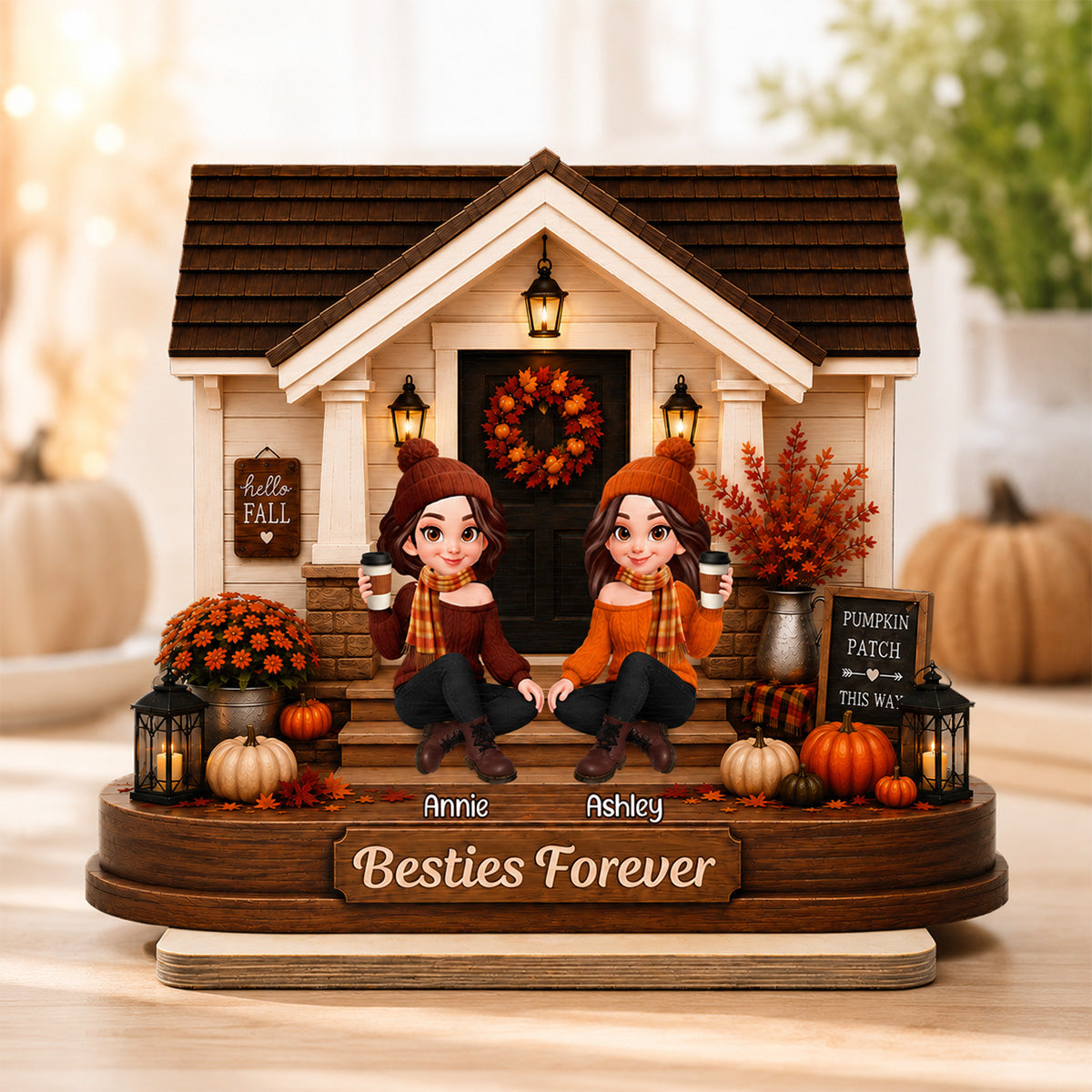 Front Porch Besties Sisters Fall Season 2D Flat - Personalized Wooden Plaque