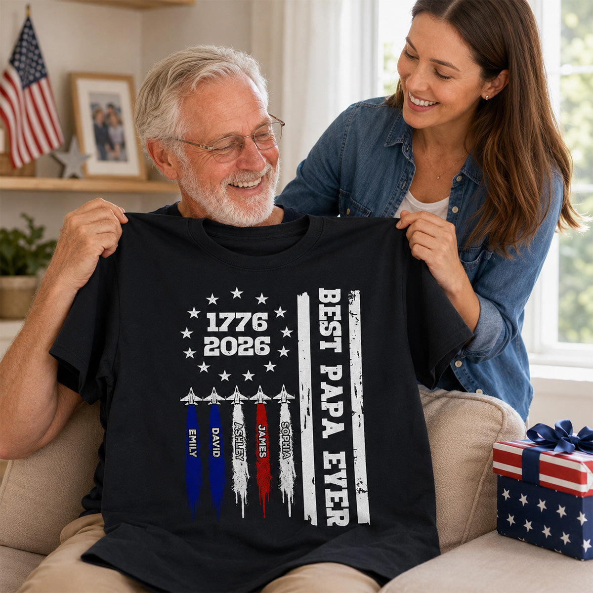 Best Dad Grandpa Ever Jets Smoke Custom Kid Name - Personalized Shirt - American 250th Anniversary Keepsake For Husband, Dad, Grandpa