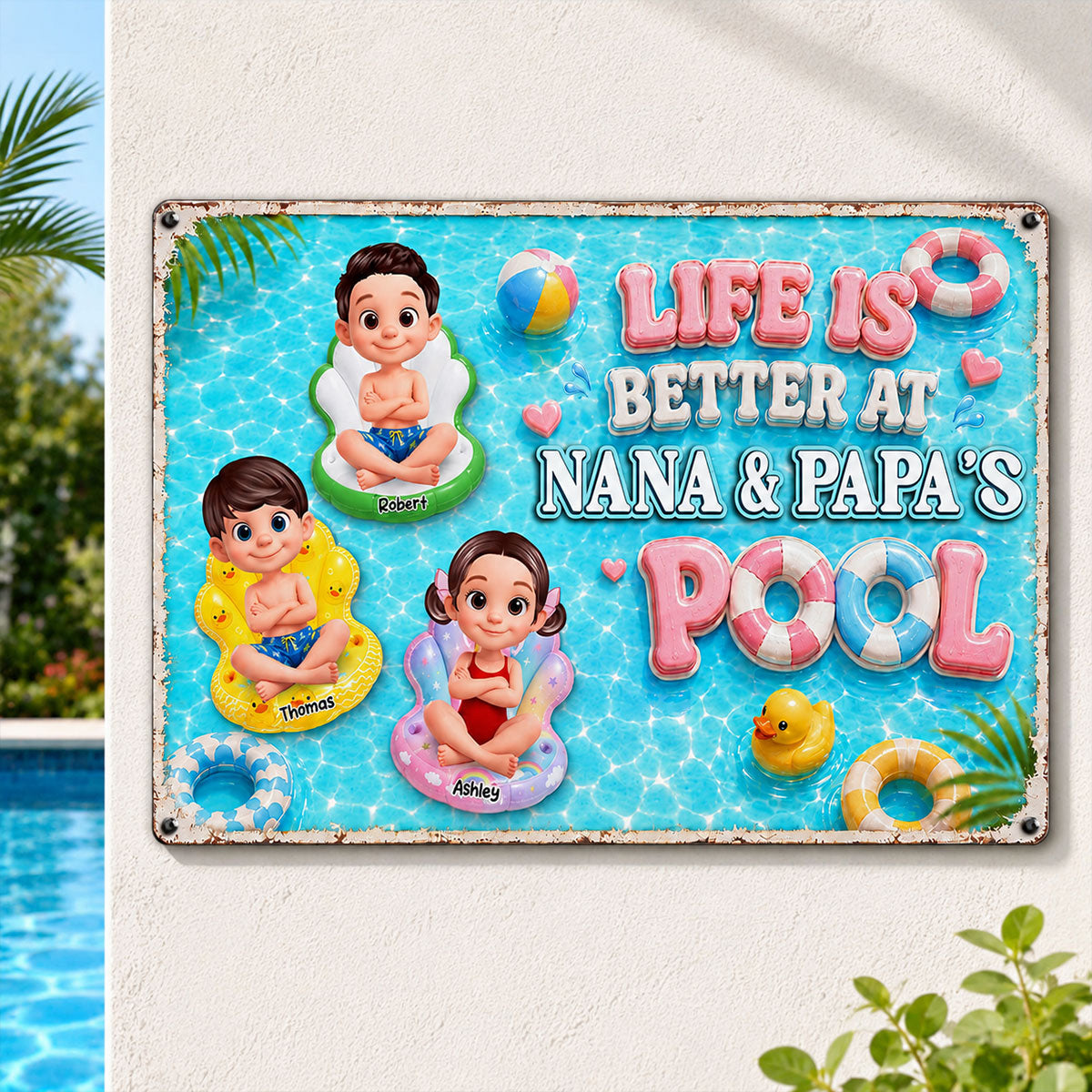 Pastel Life Is Better At Pool - Personalized Metal Sign - Gift For Grandparents, Summer Outdoor Pool, Porch, Patio, Bar Decoration