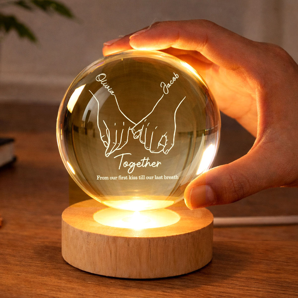 Couple Interlocked Hands - Personalized Crystal Ball LED Night Light - Sentimental Gift for Her, for Him, Couple Keepsake