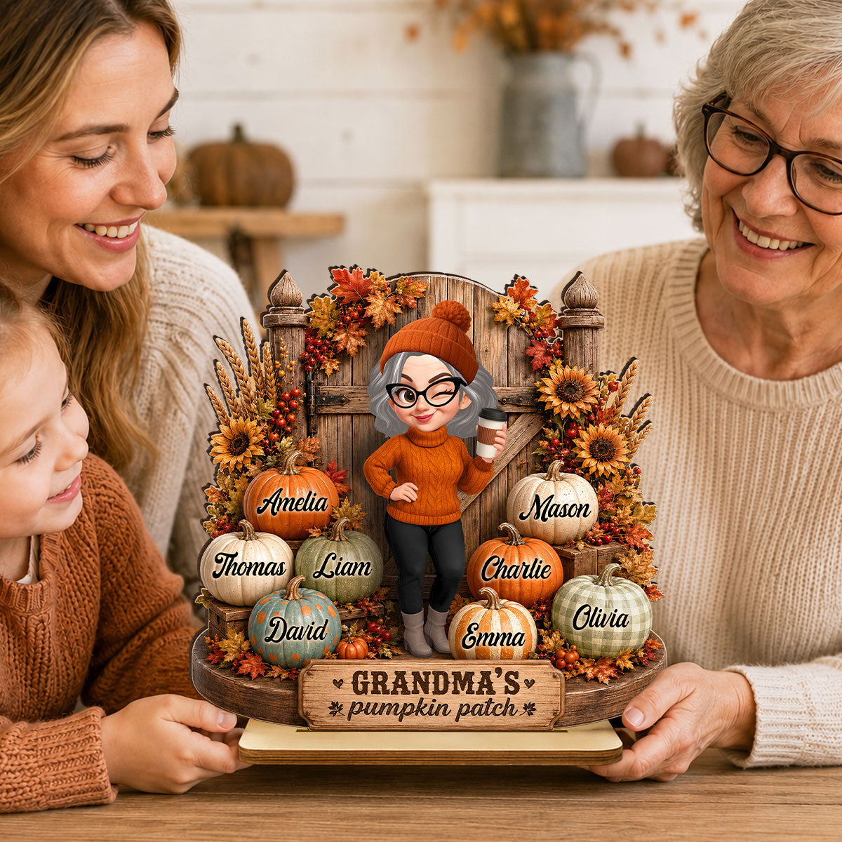 Grandma's Pumpkin Patch Rustic Farmhouse - Personalized 2-Layered Wooden Plaque - Fall Decor for Grandma