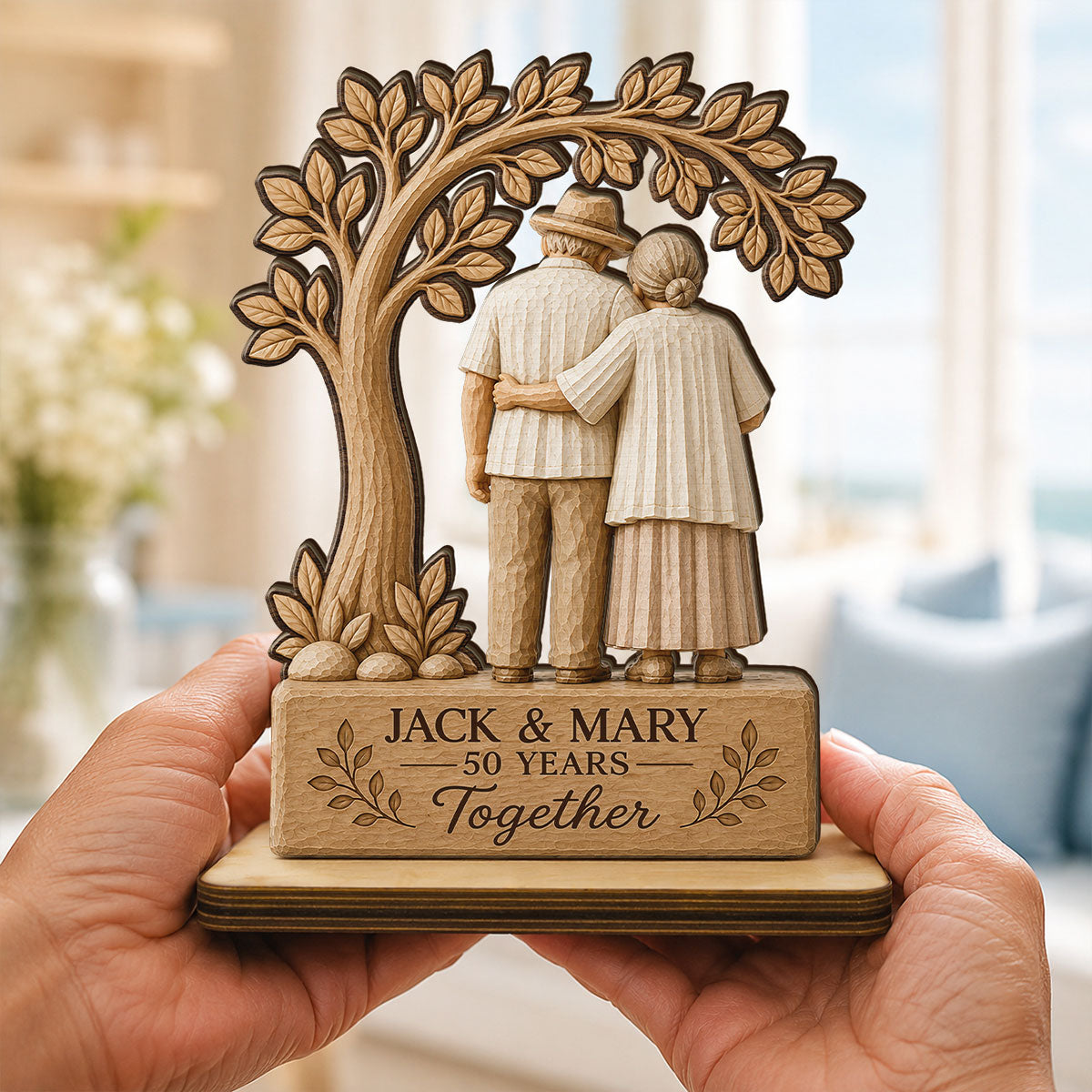 Rustic Old Couple Walking Anniversary Gift - Personalized 2-Layered Wooden Plaque - Wedding Year Decor