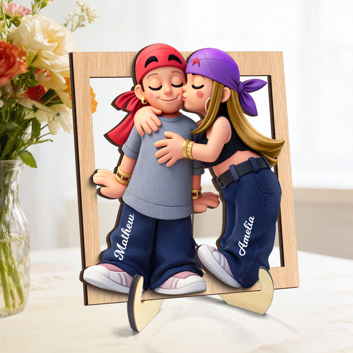 Y2K Couple Kissing - Personalized 2-Layered Wooden Plaque - Gift for Couple, for Him, for Her