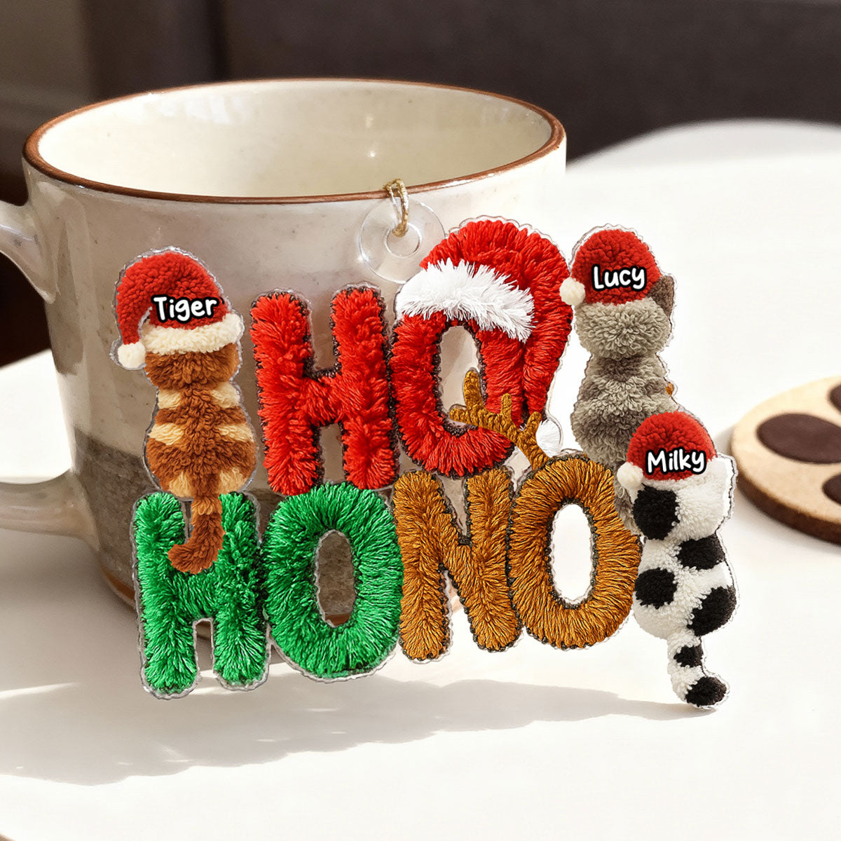 Ho Ho No Funny Cat Latch Hook Yarn Faux - Personalized Acrylic Ornament - Christmas Gift for Cat Moms, Cat Dads