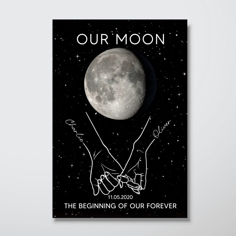 Couple Holding Hands Line Art Custom Moon Phase Anniversary Date - Personalized Poster - Gift For Couple