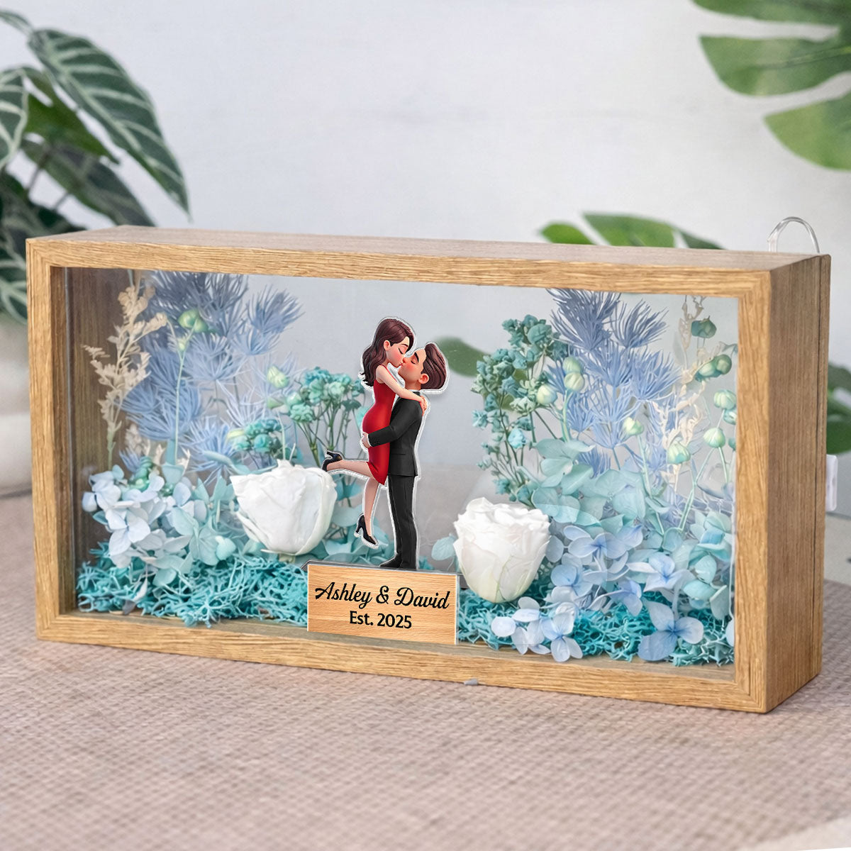 Romantic Couple Hugging Kissing - Personalized DIY Flower Shadow Box LED Night Light - Gift For Couple, For Him, For Her
