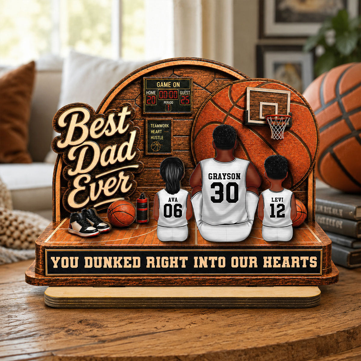 MVP Dad Back View Basketball Man & Kids 2D Flat - Personalized 2-Layered Wooden Plaque -  Gift For Basketball Dad